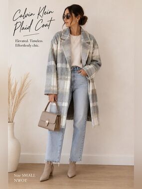 Calvin Klein Women’s Pocketed Plaid Coat SMALL NWOT